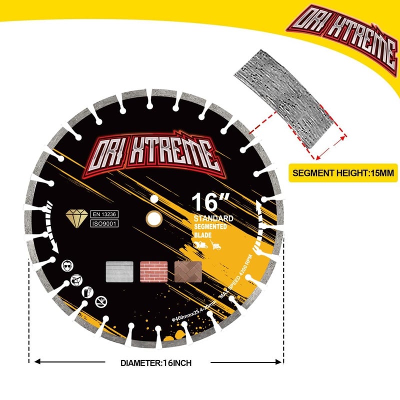 ORIXTREME 16 Inch Diamond Concrete Saw Blade, Segmented General Purpose Blade Dry/Wet Cutting Concrete,Masonry, Brick, Block,Paver 1"-20mm Arbor - Image 2